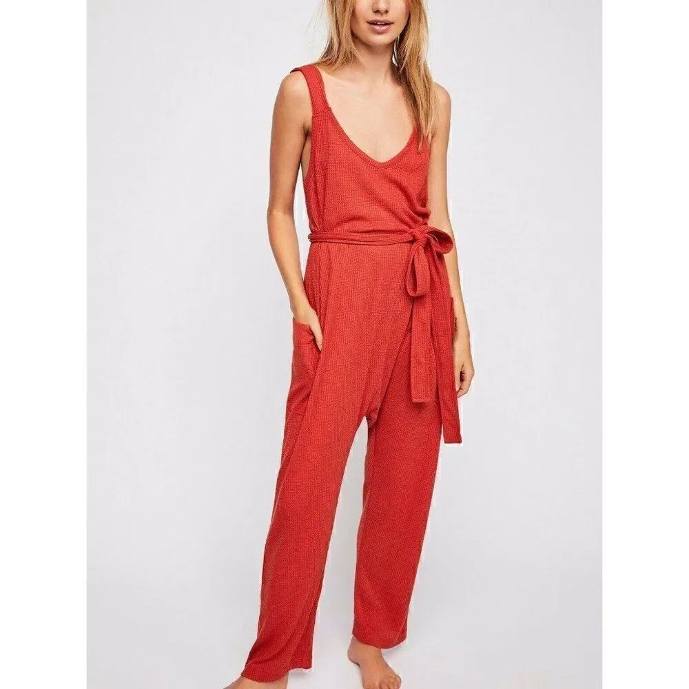 NEW FREE PEOPLE Sz L HEARTBREAKER BELTED JUMPER JUMPSUIT IN FIRE BRICK